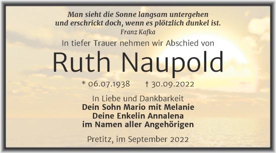 Traueranzeige von Ruth Naupold von Trauerkombi Merseburg