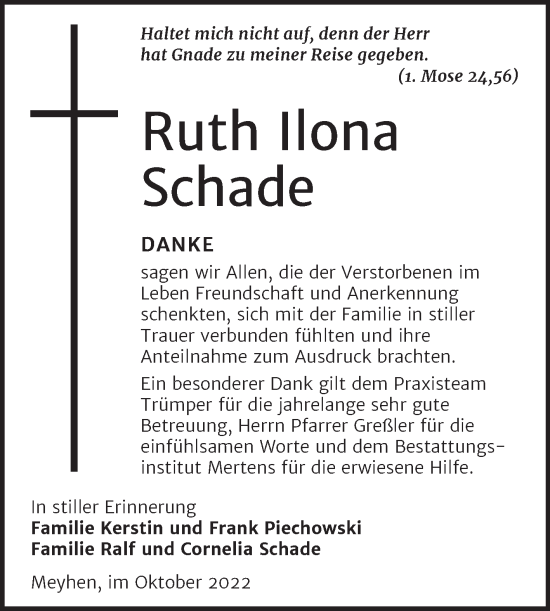 Traueranzeige von Ruth Ilona Schade von Naumburger Tageblatt