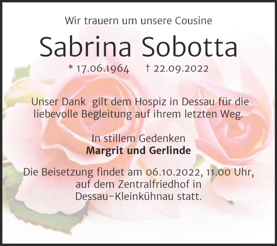 Traueranzeige von Sabrina Sobotta von Trauerkombi Dessau