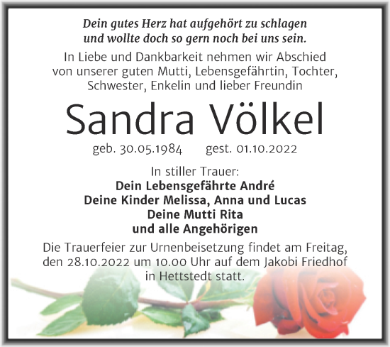Traueranzeige von Sandra Völkel von Trauerkombi Mansfelder Land