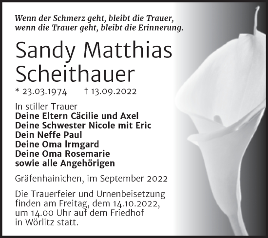 Traueranzeige von Sandy Matthias Scheithauer von Trauerkombi Wittenberg