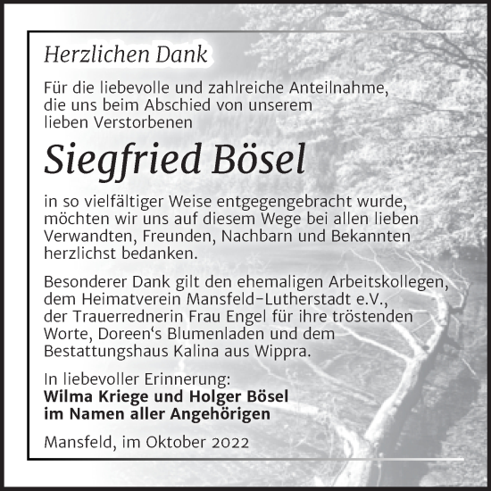 Traueranzeige von Siegfried Bösel von Trauerkombi Mansfelder Land