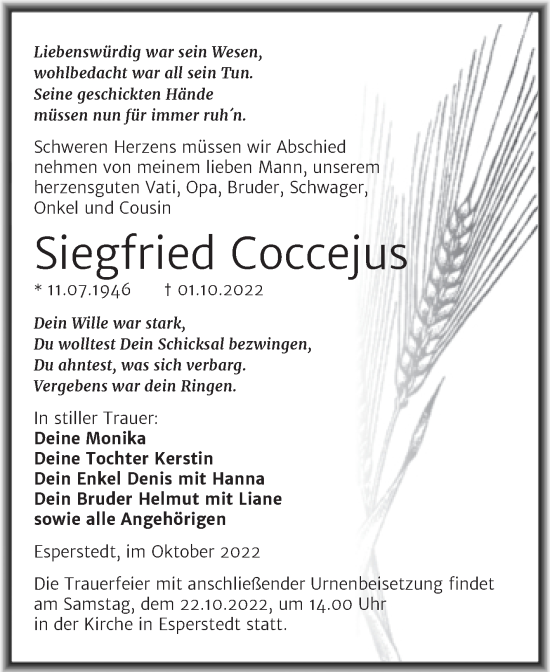 Traueranzeige von Siegfried Coccejus von Trauerkombi Merseburg