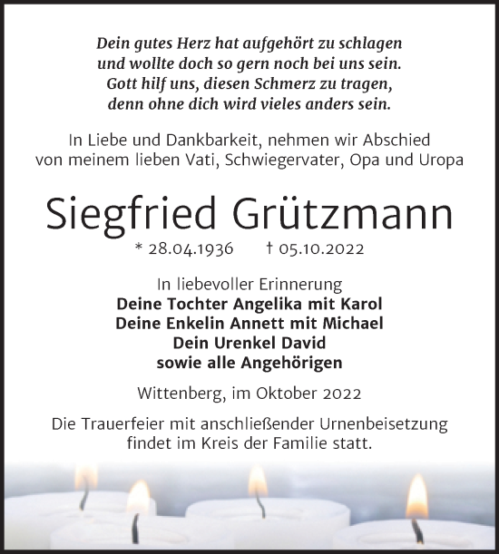 Traueranzeige von Siegfried Grützmann von Trauerkombi Wittenberg
