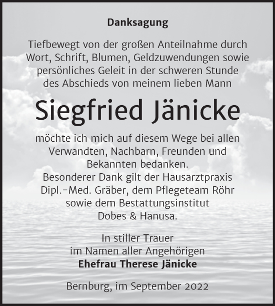 Traueranzeige von Siegfried Jänicke von Trauerkombi Bernburg