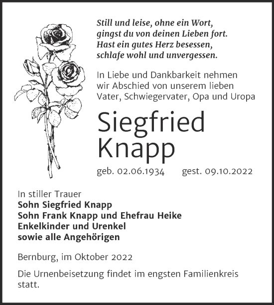 Traueranzeige von Siegfried Knapp von Trauerkombi Bernburg