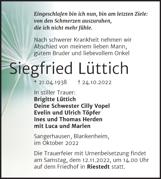 Traueranzeige von Siegfried Lüttich von Trauerkombi Sangerhausen