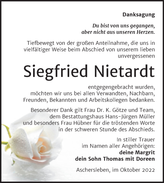 Traueranzeige von Siegfried Nietardt von Trauerkombi Aschersleben