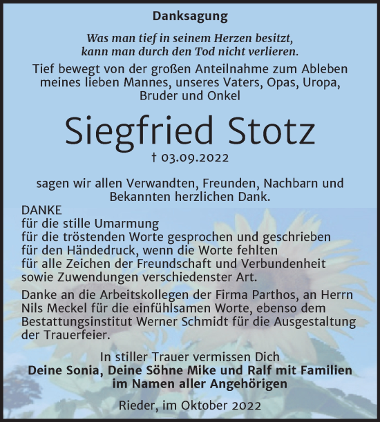 Traueranzeige von Siegfried Stotz von Trauerkombi Quedlinburg
