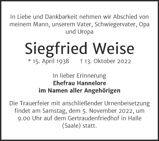 Traueranzeige von Siegfried Weise von Mitteldeutsche Zeitung Halle/Saalkreis