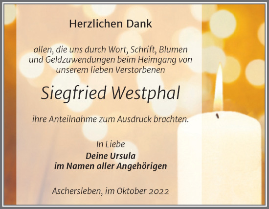 Traueranzeige von Siegfried Westphal von Trauerkombi Aschersleben