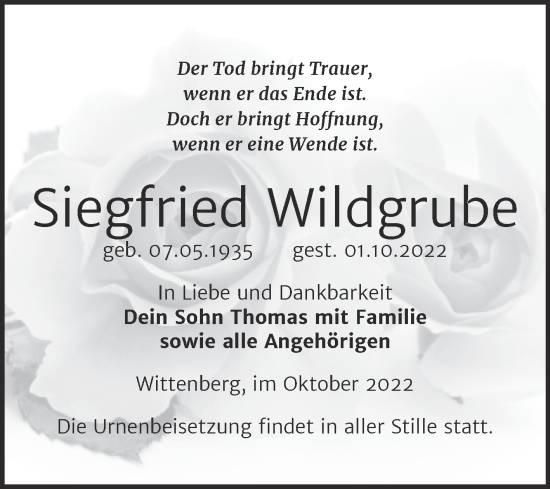 Traueranzeige von Siegfried Wildgrube von Trauerkombi Wittenberg