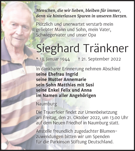 Traueranzeige von Sieghard Tränkner von Naumburger Tageblatt