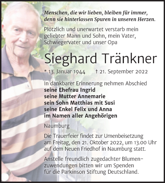 Traueranzeige von Sieghard Tränkner von Wochenspiegel Naumburg/Nebra