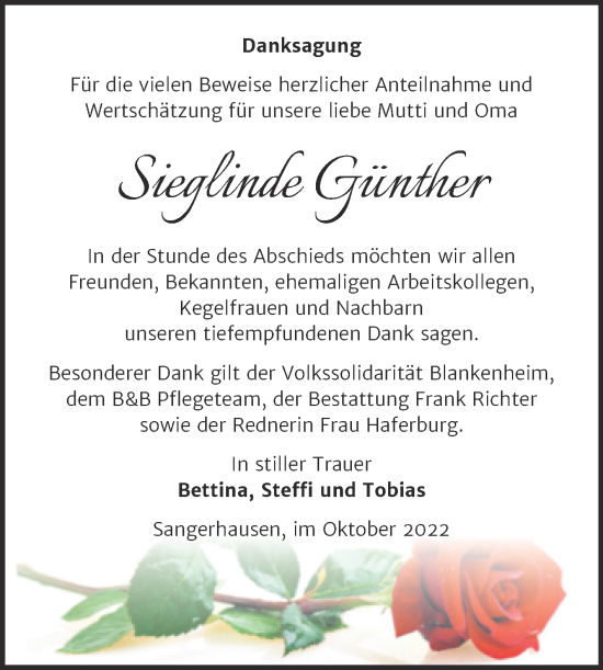 Traueranzeige von Sieglinde Günther von Trauerkombi Sangerhausen
