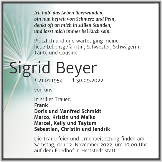 Traueranzeige von Sigrid Beyer von Trauerkombi Mansfelder Land