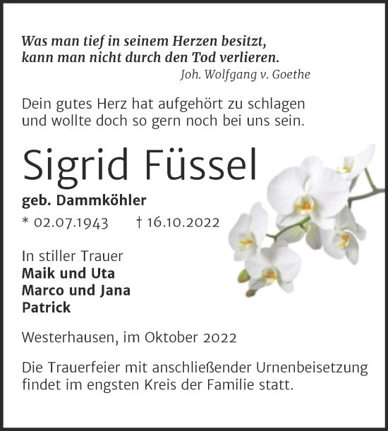 Traueranzeige von Sigrid Füssel von Trauerkombi Quedlinburg