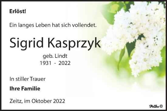 Traueranzeige von Sigrid Kasprzyk von Trauerkombi Zeitz
