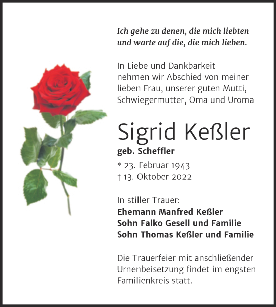 Traueranzeige von Sigrid Keßler von Wochenspiegel Naumburg/Nebra