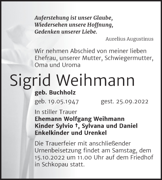 Traueranzeige von Sigrid Weihmann von Mitteldeutsche Zeitung Halle/Saalkreis