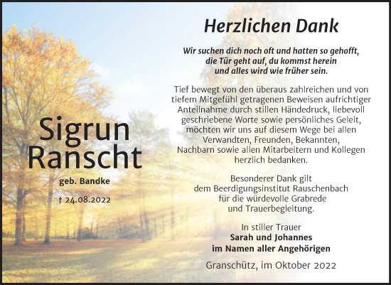 Traueranzeige von Sigrun Ranscht von Trauerkombi Weißenfels