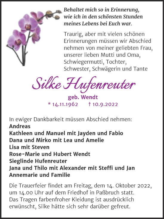 Traueranzeige von Silke Hufenreuter von Trauerkombi Sangerhausen