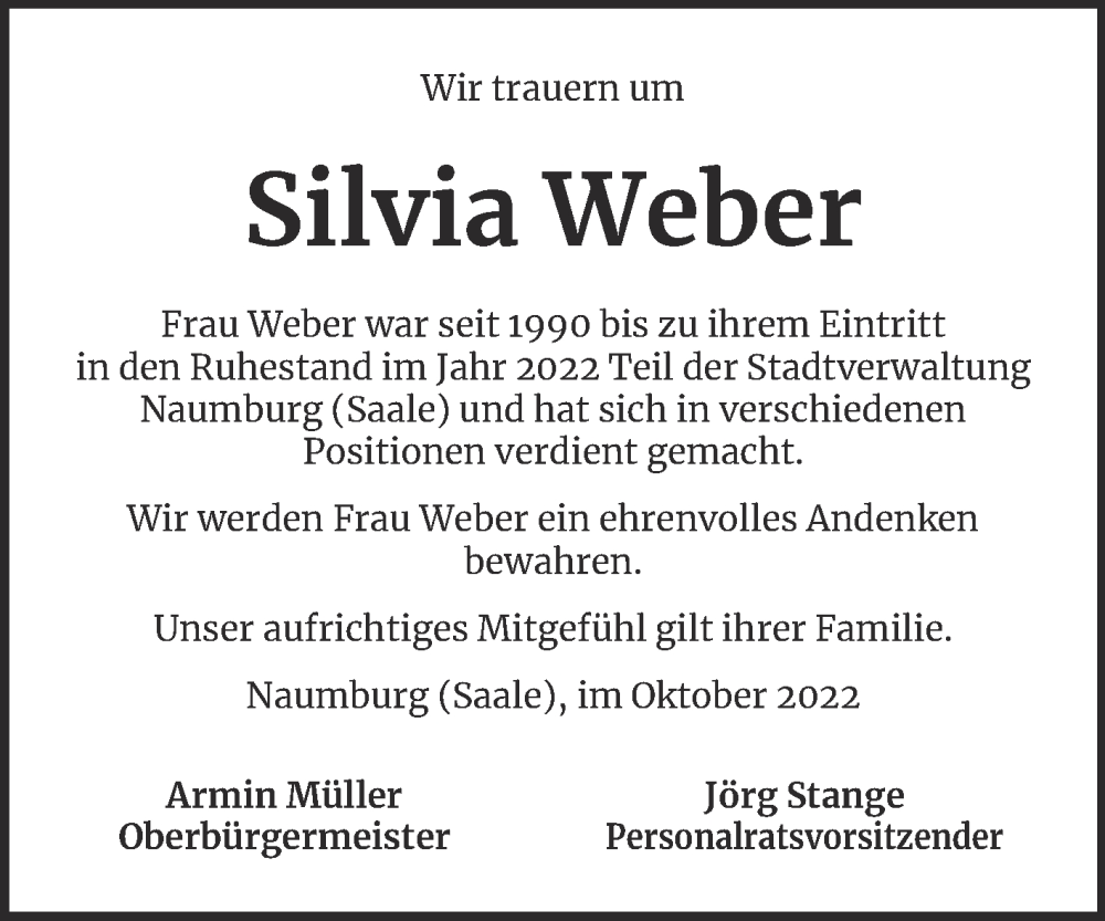  Traueranzeige für Silvia Weber vom 29.10.2022 aus Naumburger Tageblatt