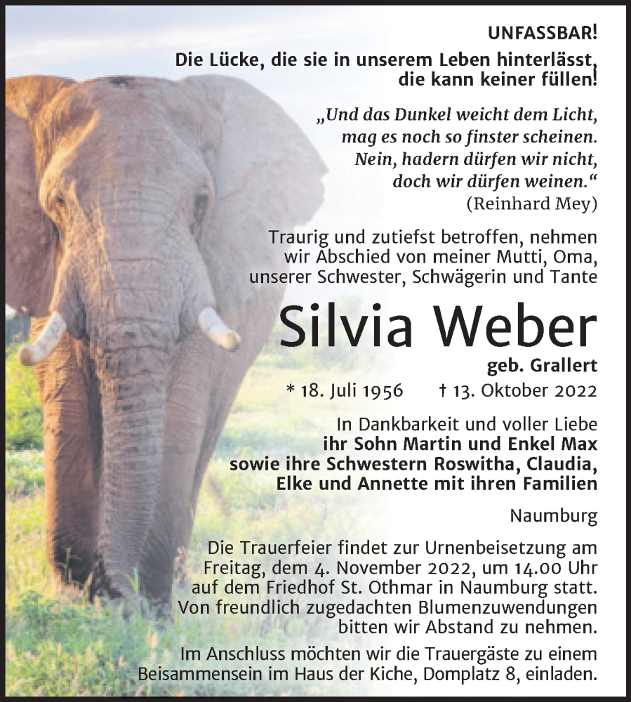  Traueranzeige für Silvia Weber vom 22.10.2022 aus Naumburger Tageblatt