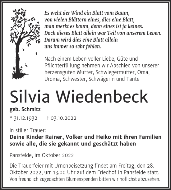 Traueranzeige von Silvia Wiedenbeck von Trauerkombi Quedlinburg