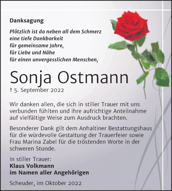Traueranzeige von Sonja Ostmann von Trauerkombi Dessau