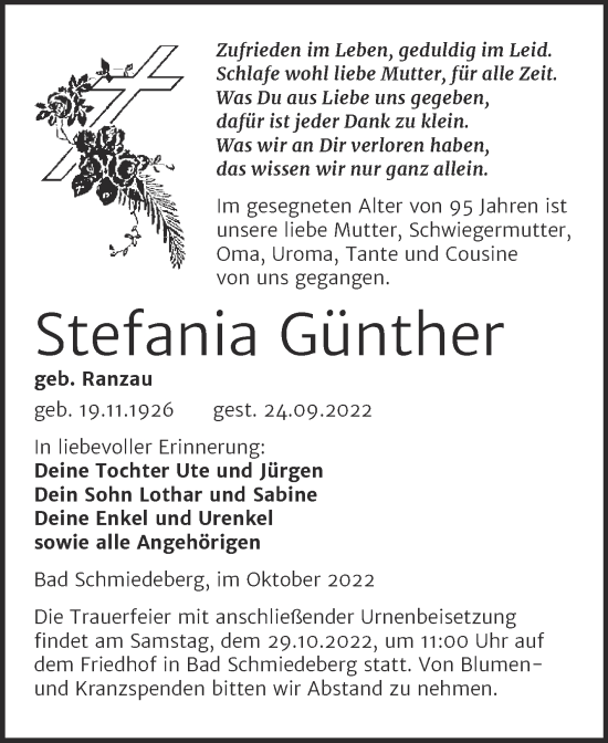 Traueranzeige von Stefania Günther von Trauerkombi Wittenberg