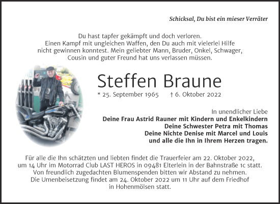 Traueranzeige von Steffen Braune von Wochenspiegel Weißenfels