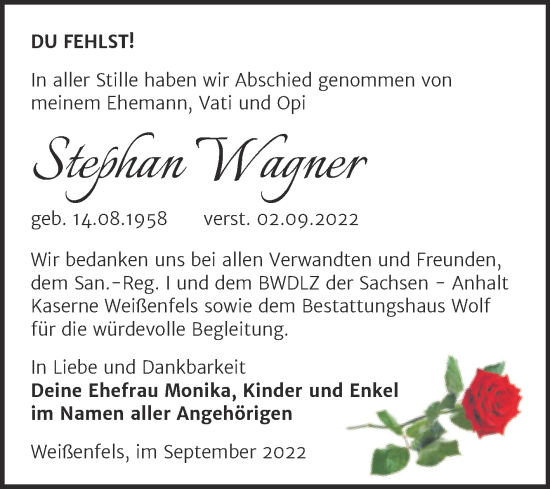 Traueranzeige von Stephan Wagner von Trauerkombi Weißenfels