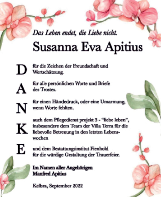 Traueranzeige von Susanna Eva Apitius von Trauerkombi Sangerhausen