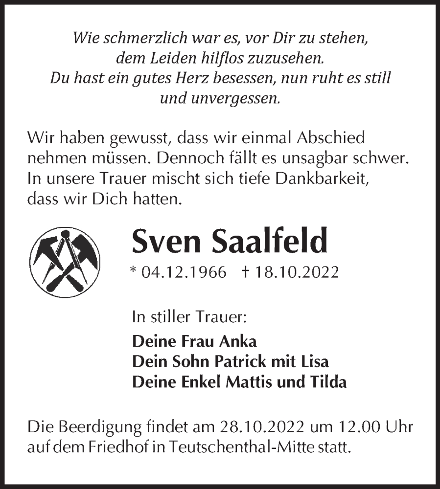  Traueranzeige für Sven Saalfeld vom 22.10.2022 aus Mitteldeutsche Zeitung Halle/Saalkreis