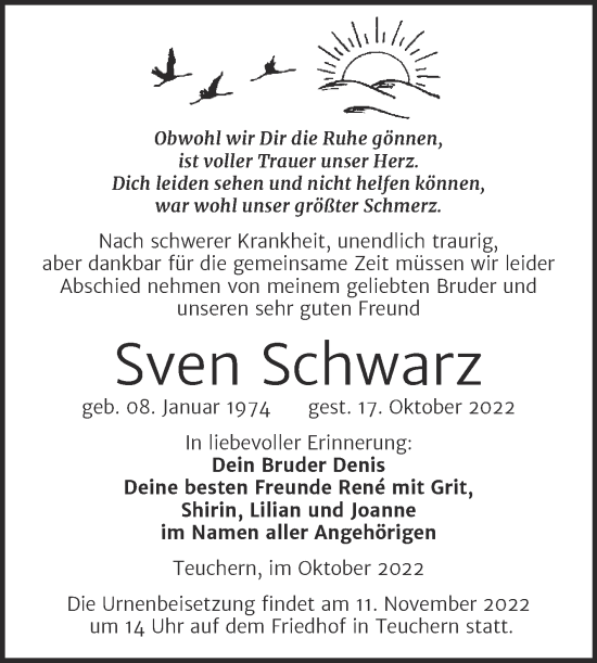 Traueranzeige von Sven Schwarz von Trauerkombi Weißenfels