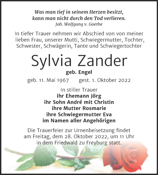 Traueranzeige von Sylvia Zander von Wochenspiegel Naumburg/Nebra