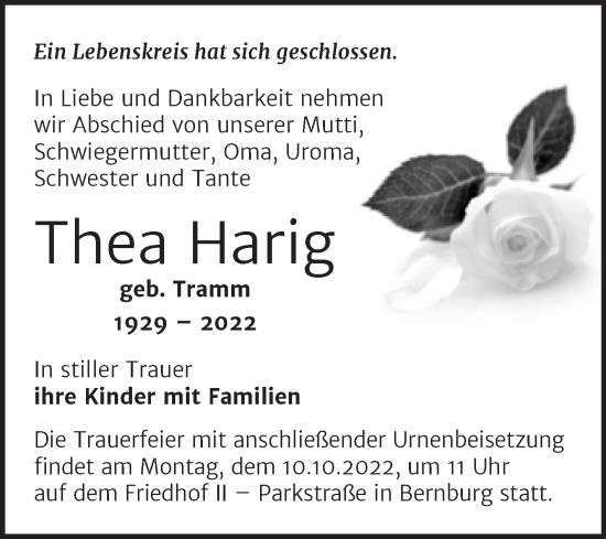 Traueranzeige von Thea Hang von Trauerkombi Bernburg