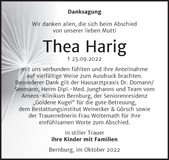 Traueranzeige von Thea Harig von Trauerkombi Bernburg