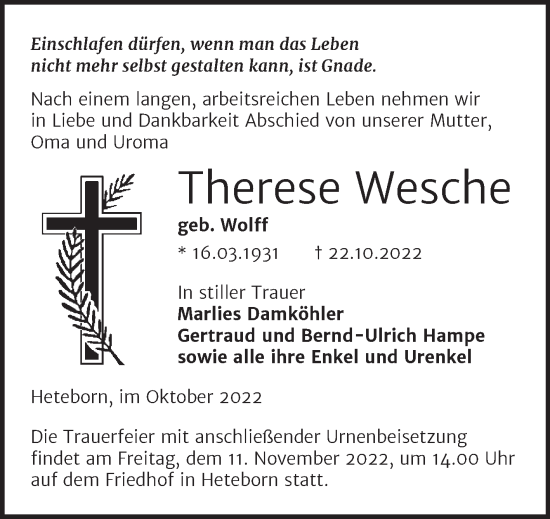Traueranzeige von Therese Wesche von Trauerkombi Quedlinburg