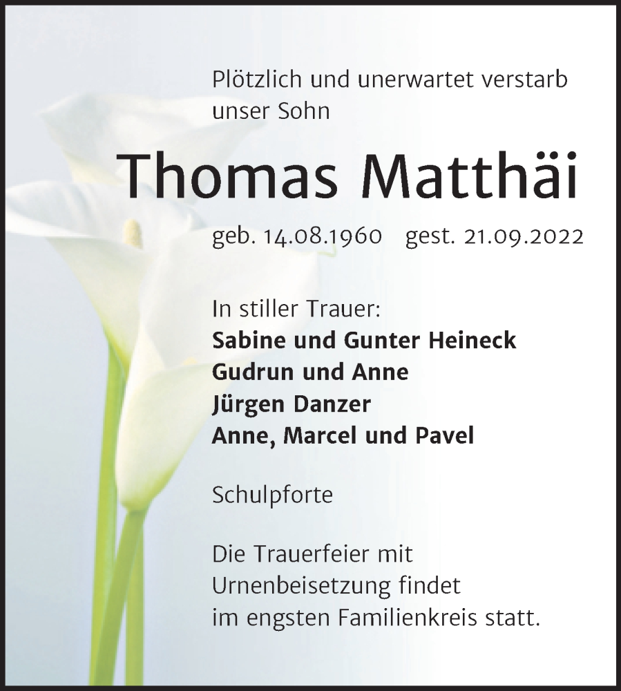  Traueranzeige für Thomas Matthäi vom 05.10.2022 aus Wochenspiegel Naumburg/Nebra
