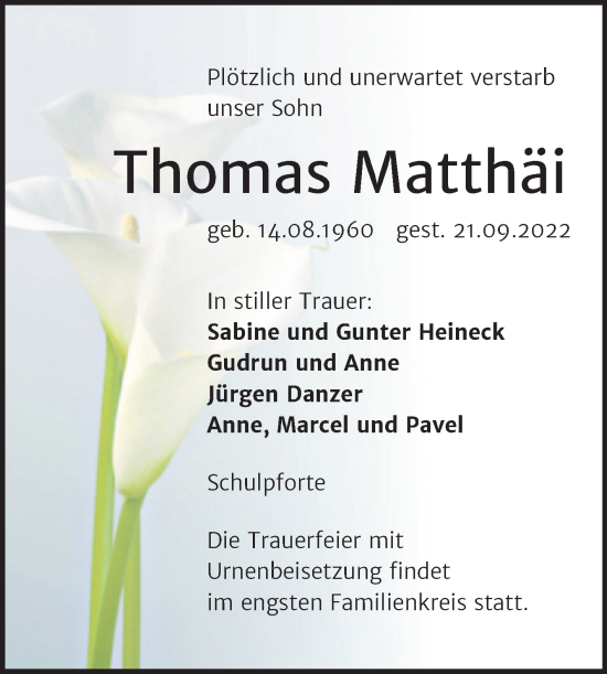 Traueranzeige von Thomas Matthäi von Wochenspiegel Naumburg/Nebra