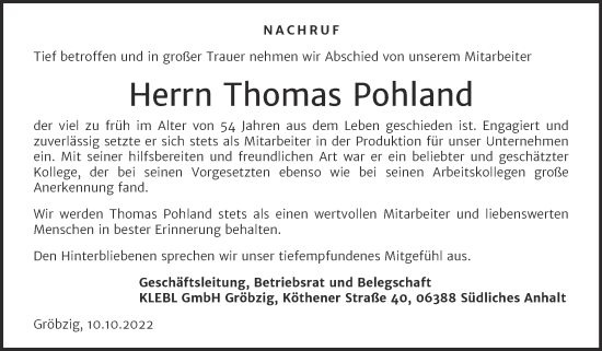 Traueranzeige von Thomas Pohland von Super Sonntag Köthen