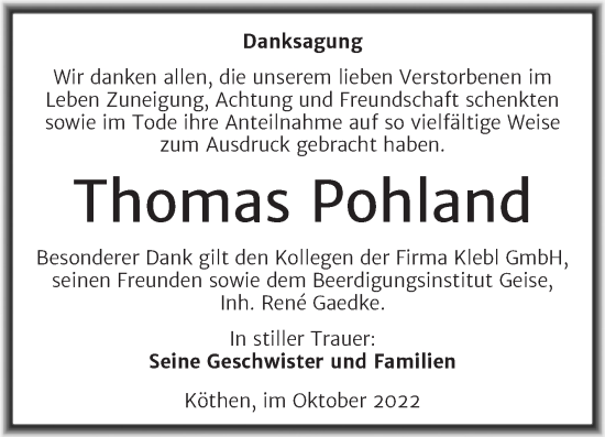 Traueranzeige von Thomas Pohland von Trauerkombi Köthen