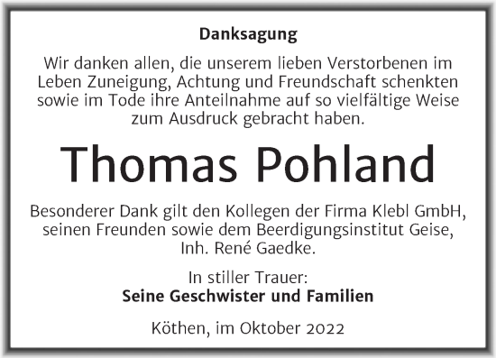 Traueranzeige von Thomas Pohland von Trauerkombi Köthen