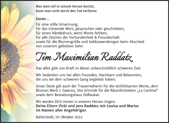 Traueranzeige von Tim Maximilian Raddatz von Trauerkombi Mansfelder Land