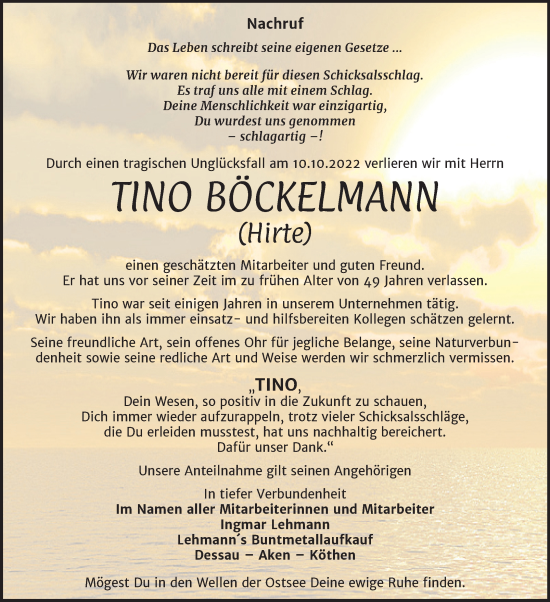 Traueranzeige von Tino Böckelmann von Super Sonntag Köthen