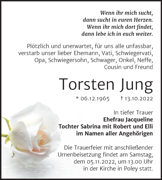 Traueranzeige von Torsten Jung von Trauerkombi Bernburg