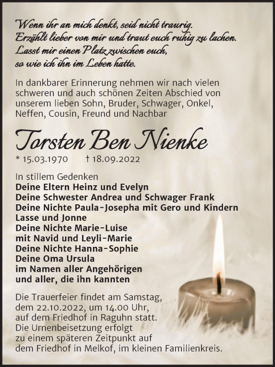 Traueranzeige von Torsten Ben Nienke von Trauerkombi Bitterfeld