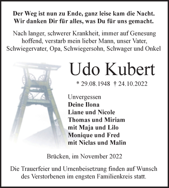 Traueranzeige von Udo Kubert von Trauerkombi Sangerhausen